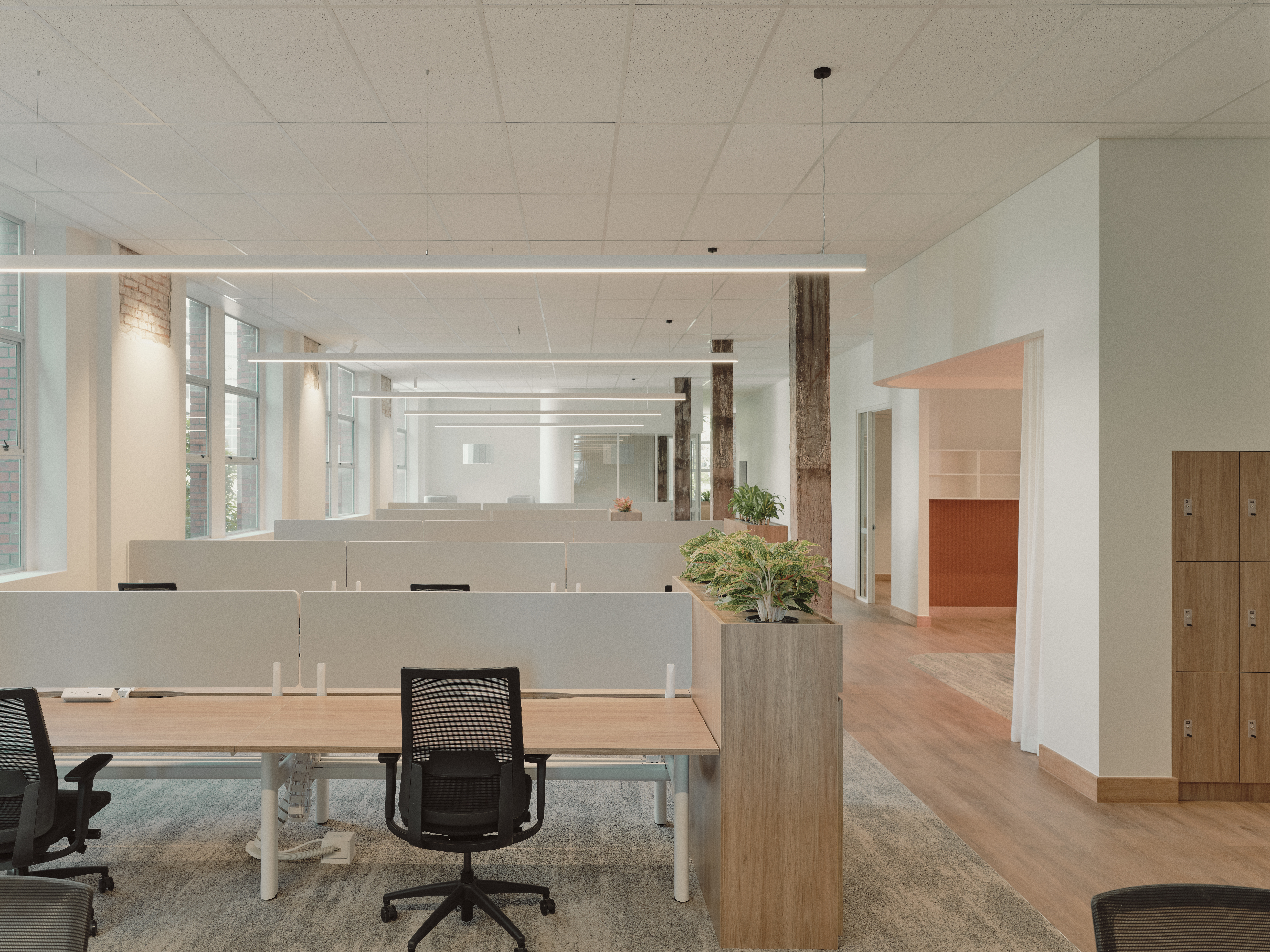 Modern refurbished interior of 93 Edward Street, showing exposed brick, timber beams, and contemporary lighting.