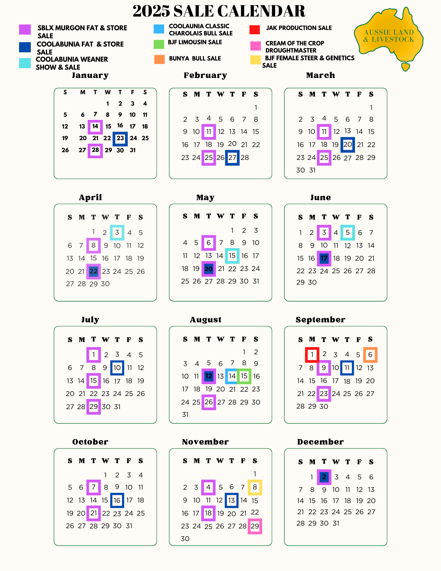 Cattle Sale Calendar | Aussie Land & Livestock